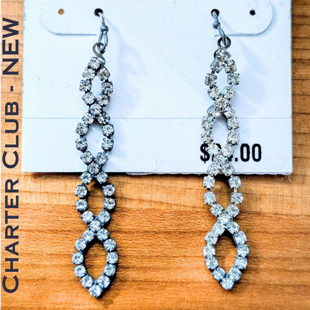 Charter Club Rhinestone Dangle Earrings Silver Tone Linear Drop Statement NEW